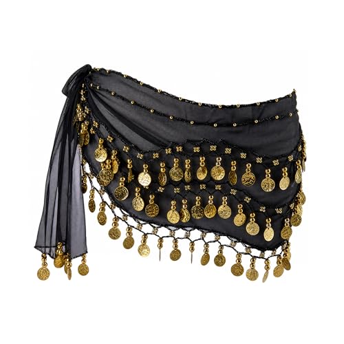 Belly Dance Hip Scarf with 128 Gold Coins - Black