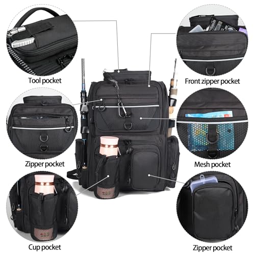 LEOMOO 40L Fishing Tackle Backpack with Rod Holders, Large Camping & Hiking Storage, Black - 4 Tackle Boxes Not Included