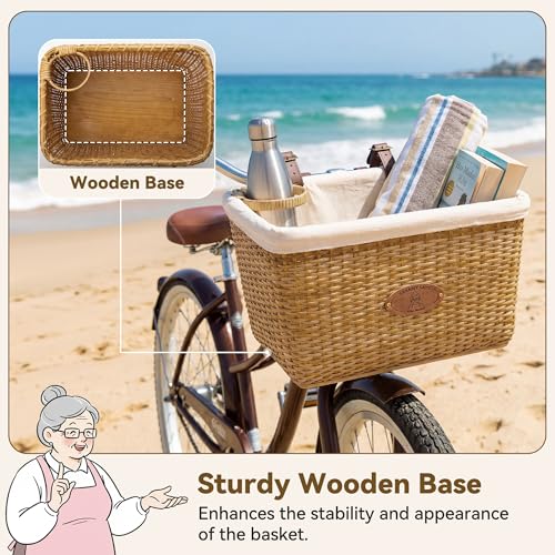 Khaki Wicker Bike Basket Front with Cup Holder for Women & Men