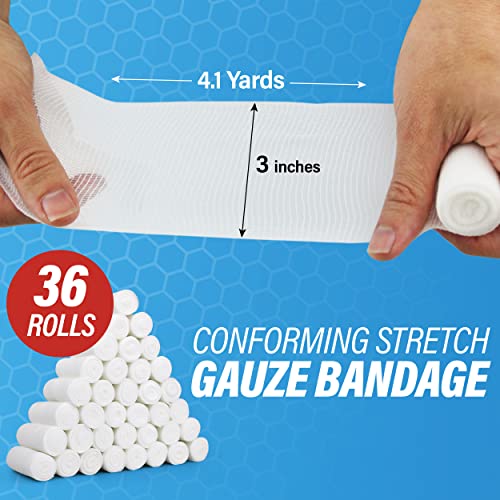 Premium Gauze Bandage Rolls 36-Pack Breathable Flexible Wound Cover 3x4.1 Yards