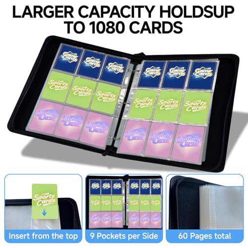 BOMOKS Black 9-Pocket Trading Card Binder Holds 1080 Cards with Removable Sleeves