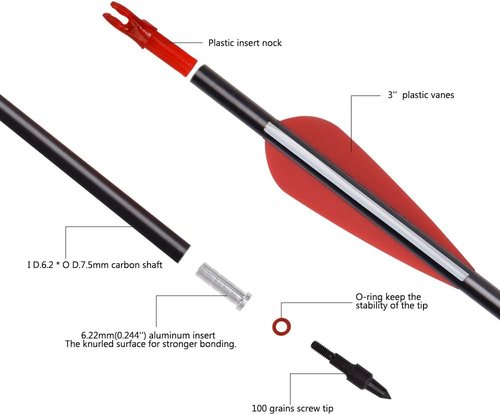 Carbon Arrow Hunting Practice Arrows - Removable Tips for Compound & Recurve Bow | 26, 28, 30 Inch, Spine 500, 6/12PCS