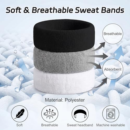 5-Pack Sweatbands - Terry Cotton Headbands for Running, Gym - 2 Black, 2 Gray, 1 White