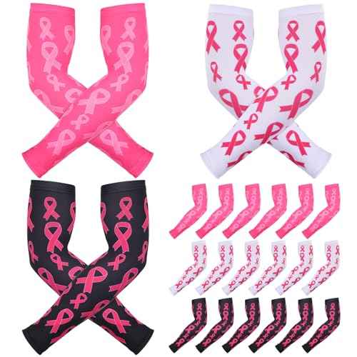 Handepo 12 Pairs Pink Football Arm Sleeves Youth Breast Cancer Awareness Football Arm Sleeves Bulk for Youth Women Men
