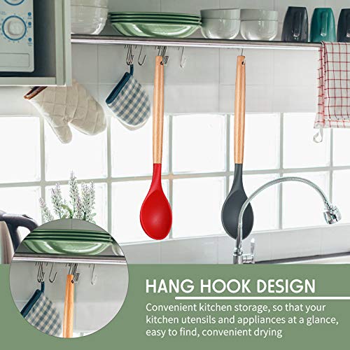 Silicone Cooking Spoons with Wooden Handle - Red & Gray, 12.4"