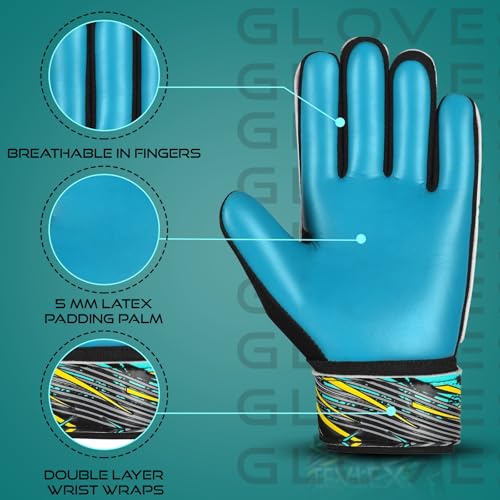 Soccer Goalie Gloves for Kids - Size 4 Cyan with Double Wrist Protection