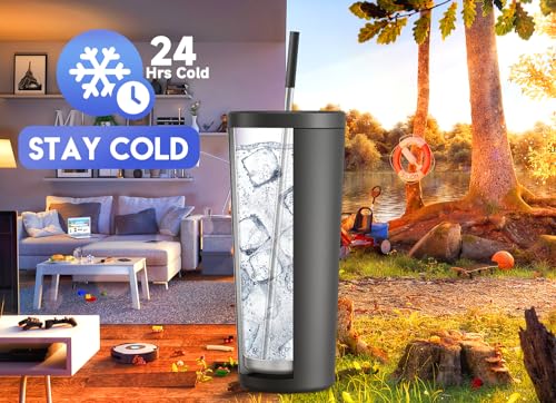 Meoky Night 24 oz Insulated Stainless Steel Tumbler with Lid & Straw, Keeps Cold 24H, Leak-Proof, Fits Car Cup Holder