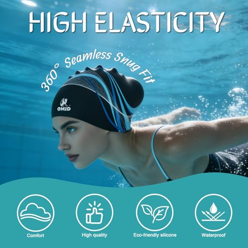 OMID Extra Large Silicone Swim Cap for Long Thick Hair Women Black Waterproof Non-Slip Pool & Beach Use
