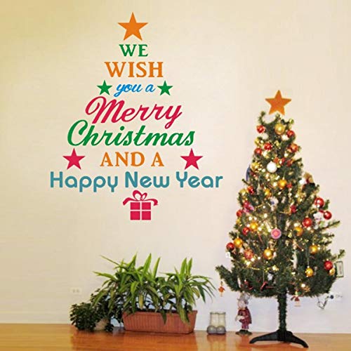 Christmas Tree Letters Wall Decal Wall Art Sticker, Peel and Stick Removable Christmas and New Year Wishes Tree Words Letters Wall Print Stickers Pictures for Door and Window Refrigerator Living room.