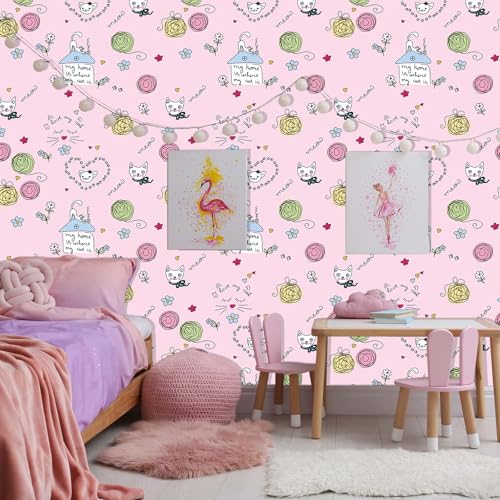 Cute Cat Pink Wallpaper Removable Vinyl Self-Adhesive Sticky Contact Paper for Kids Room Waterproof Wallpaper Perfect Baby Girl Bedroom Boys Room Girly Dollhouse Fun Decoration 17.7"x70.8"