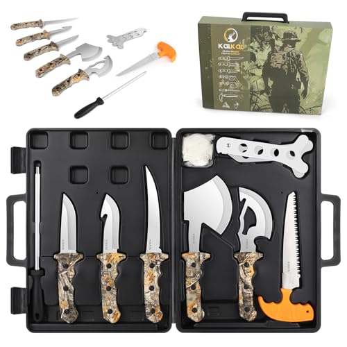 Kalkal 8-Piece Hunting Knife Set with Full Tang Field Dressing Kit for Deer, Skinner, Boning, Gut Hook & Camp