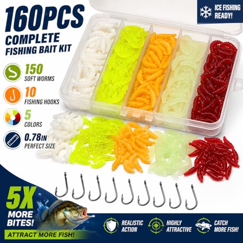 160PCS Ice Fishing Lure Kit - Soft Plastic Worm Baits & Hooks