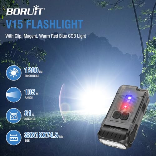 BORUIT V15 Small Flashlight Powerful Super Bright with 80¡Æ Swivel Head, Clip Magent Warm Red Blue COB Light - Mini Pocket Keychain EDC Flashlights USB Rechargeable IP67 LED Flash Light