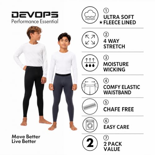 Youth Thermal Compression Leggings - Fleece Lined Long Johns, Medium Black/Charcoal