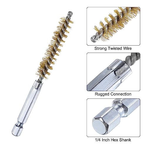 HARFINGTON 5Pcs Brass Bore Brush 10mm Dia 4" Long Cleaning Twisted Wire Brush with Handle 1/4" Hex Shank for Tubes, Ports, Bearings