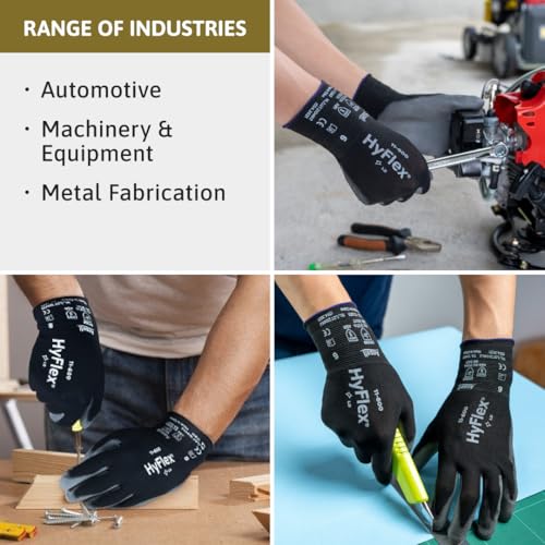 HyFlex 11-600 Multi-Purpose Light Duty Industrial Gloves w/Palm Coating for Metal Fabrication, Machinery, Automotive - Size 7, Black (12 Pairs)