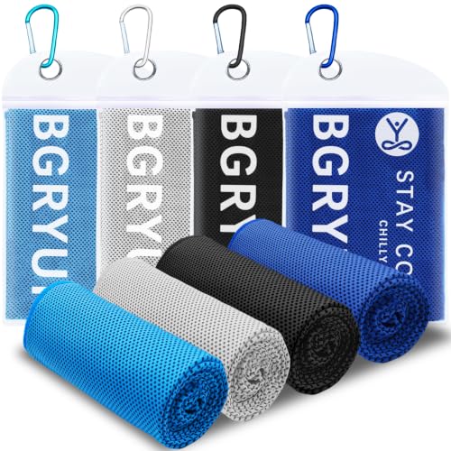 Cooling Towel 4 Pack - Ice Cool Breathable Microfiber - Light Blue/Grey/Black/Deep Blue