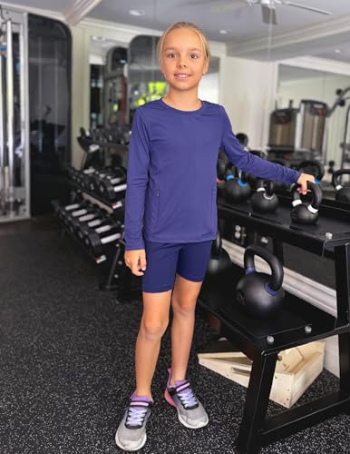 Girls Athletic Long Sleeve Shirt with Zipper Pockets - Navy Blue, 5-6 Years