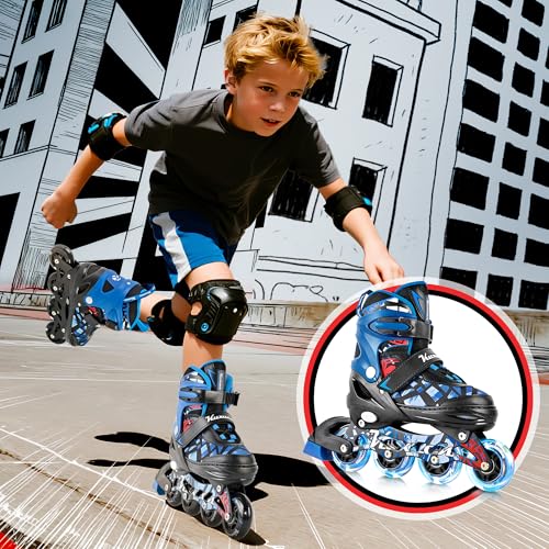 Kuxuan Kids Adjustable Inline Skates with Light-Up Wheels - Spider Blue, Large (Ages 5-12)