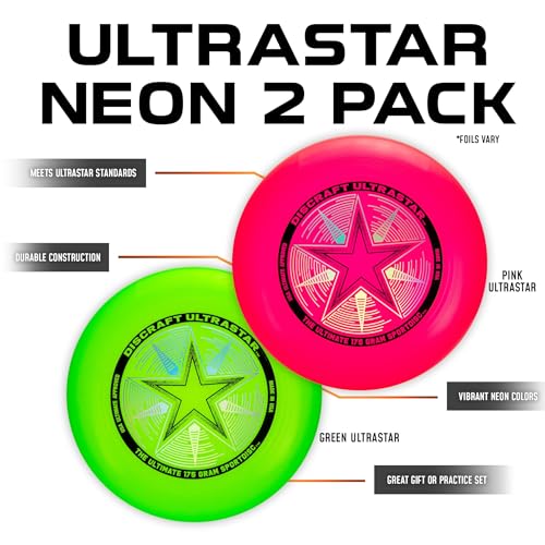 Discraft Neon Green & Pink UltraStar Ultimate Discs 2 Pack - Standard Size, for Casual & Competitive Play