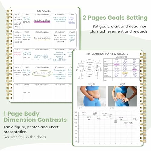 Dapsang Green Fitness Journal for Women & Men, Undated Workout & Nutrition Planner with Measuring Tape, 9.5x7 inches
