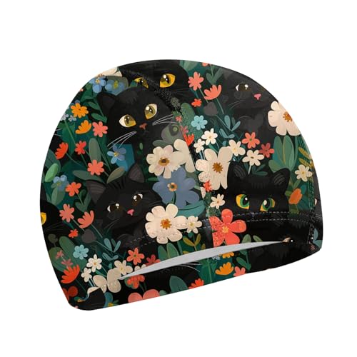 Durable Swim Cap - High Elasticity Comfortable Cloth Hat - Cat Flower