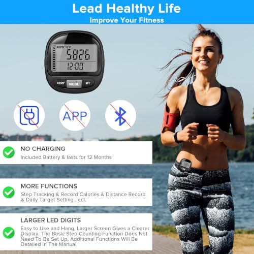 3D Pedometer Step Counter - Simple Walking Tracker with Clip