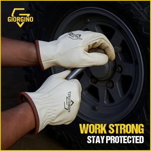 Giorgino Leather Work Gloves Men Pack of 6 Heavy Duty Cowhide Driver Gloves Safety Work Gloves for Gardening & Construction