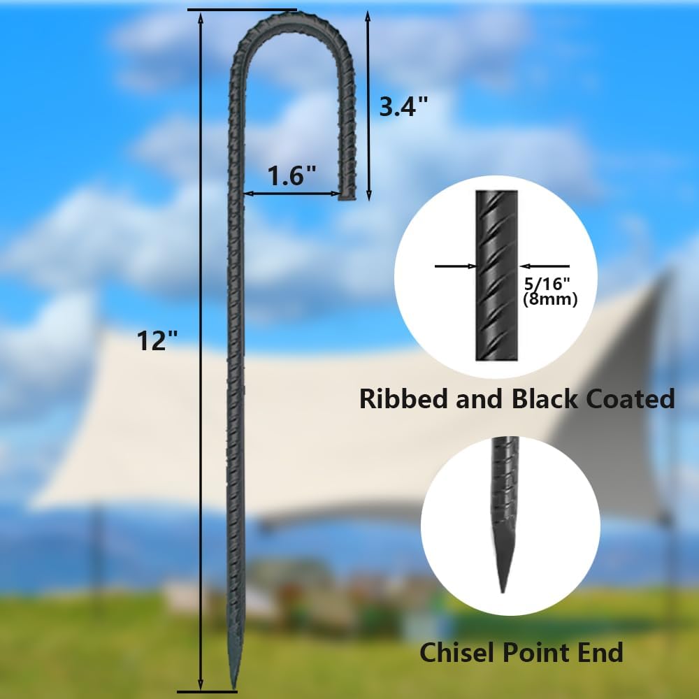 Skiennix 12-Inch Rebar Stakes - Durable J Hook Ground Stakes for Tents & Fences | 16-Pack, Black
