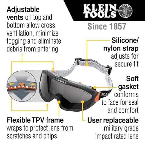 Klein Tools 60480 Safety Goggles, Tinted Gray Lens PPE Eye Protection, Anti-Fog, Scratch-Resistant, UV Protection, Adjustable Vents