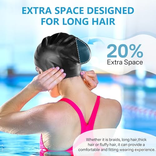 Silicone Swim Cap for Long Hair with Ear Protection - Black