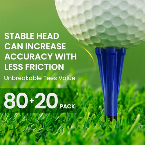 Unbreakable Golf Tees Pack - 80 Driver Tees (3 1/4" & 2 3/4") + 20 Iron Tees (1 1/2") - Blue