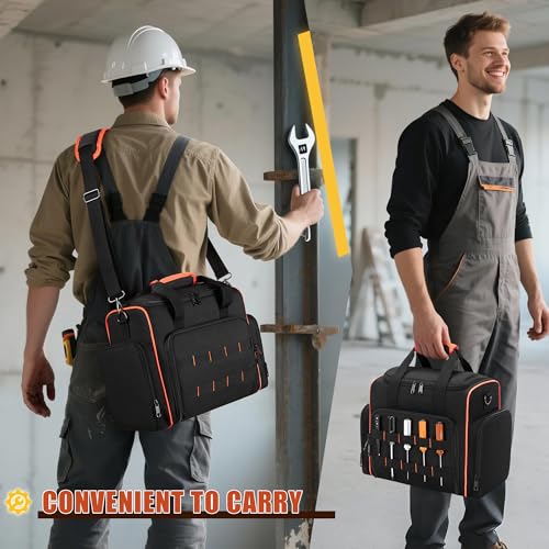 Tool Bag with 3 Removable Cases, 2 Layers Tool Tote for Hand Tools, Black with Red Binding