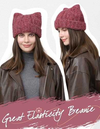 Women's Knitted Thermal Beanie - Winter Skull Cap - Red