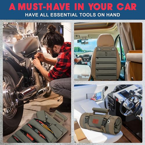 Tool Bag Gifts for Husband Him, Roll Up Small Tools Box Storage, Tool Gifts for Men Dad Boyfriend Grandpa, Presents for Birthday, Heavy Duty Tool Organizer with 2 Pouch