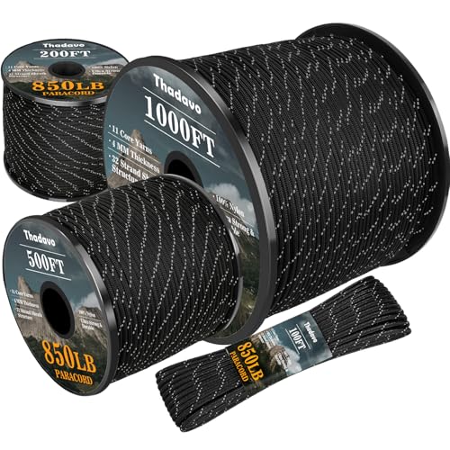 Reflective 850lb Paracord 4mm - 11 Strand Utility Rope - Black, 100FT