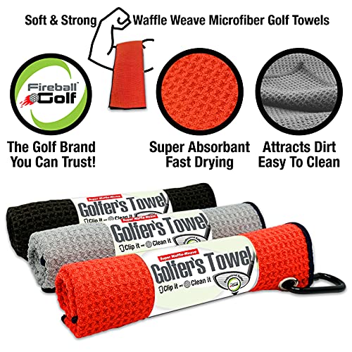 Fireball Golf Towel Gifts Set - Red, 3 Microfiber Towels & Accessories for Men, Women, Kids