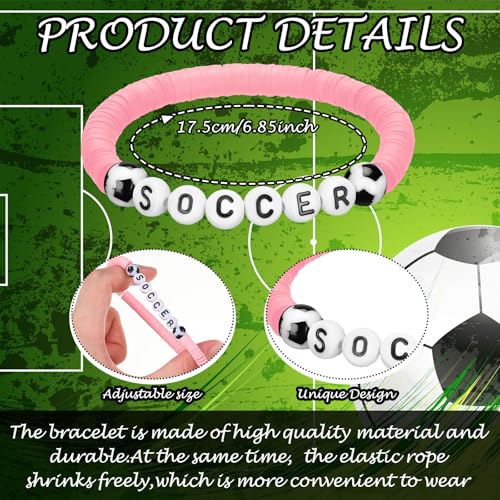 24 Pcs Soccer Beaded Bracelets - Adjustable Clay Jewelry - Pink
