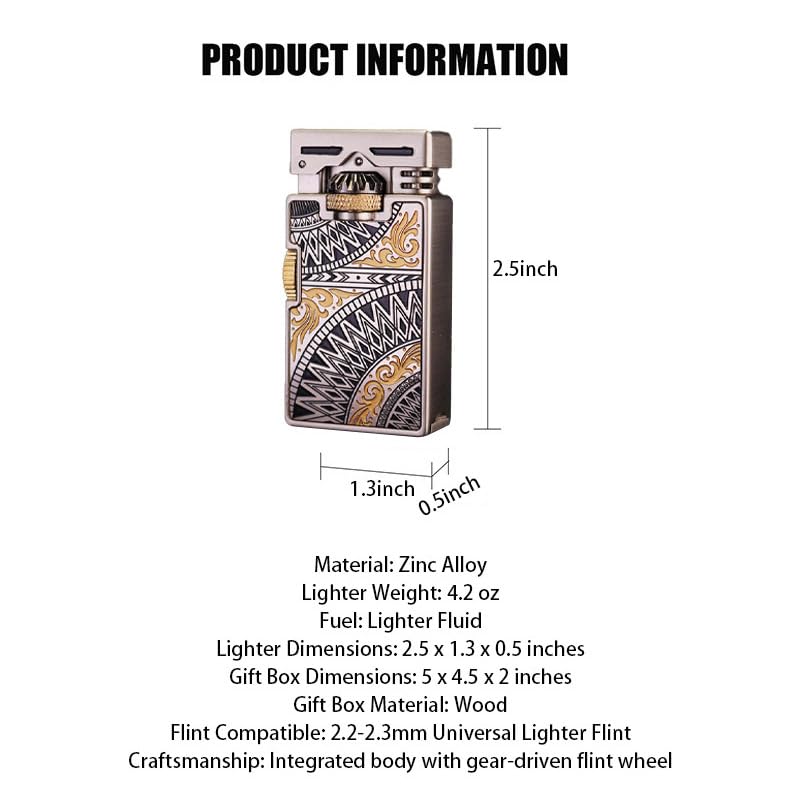 Vintage Metal Lighter, Hand Engraved Sliding Gear Lgnition Soft Flame Lighter for Men Dad Husband Collect (Fuel Not Included) (Silver)