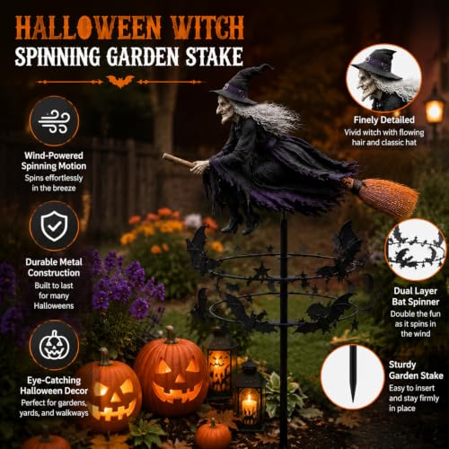 Wind-Powered Witch Spinning Garden Stake - Halloween Decor