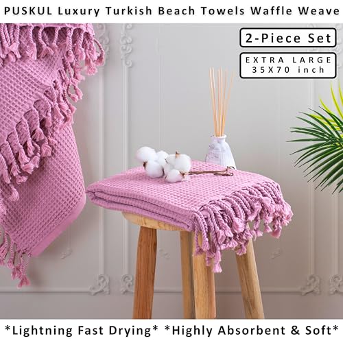 Light Pink Turkish Cotton Beach Towels Set of 2 - Luxury Waffle Weave, Oversized 35x70 Inches