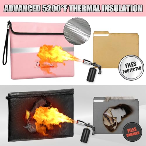 ROLOWAY Fireproof Document Bag (14 x 11 inch) with 5200¢µ Upgraded Aluminum Foil Layer, Fireproof Bag for Documents with Reflective Strip and Zipper (Pink)