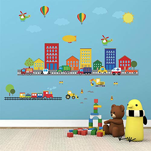 Runtoo Construction Transports Wall Decals Car Train Plane Kids Wall Stickers Bedroom Boys Nursery Home D?cor
