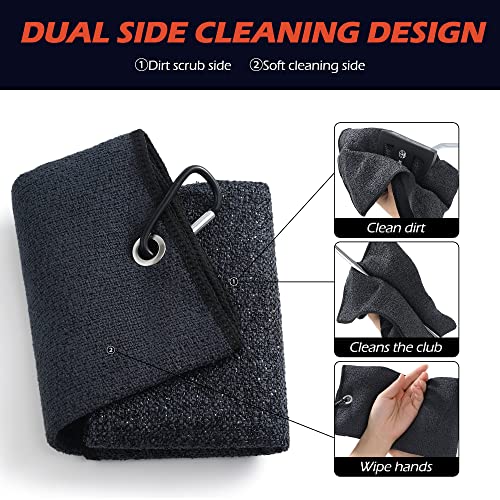 Tri-Fold Golf Towel - 2-in-1 Club & Ball Cleaner, Black
