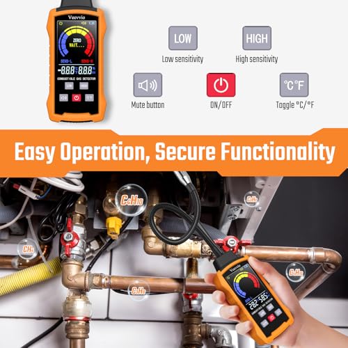 Natural Gas Leak Detector, Veevvio Gas Detector with Audible & Visual Alarm, Gas Sniffer with 11-Inch Gooseneck to Locate Combustible Sources Like Propane Methane for Home and RV (Includes Battery x6)