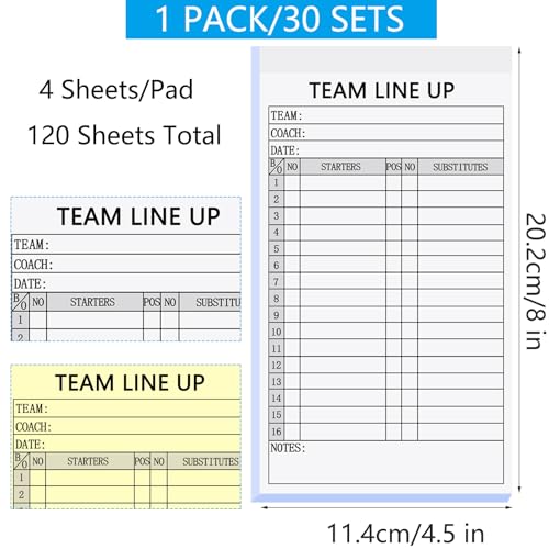 Baseball Lineup Cards - 4-Part Carbonless Copies, 30 Sets