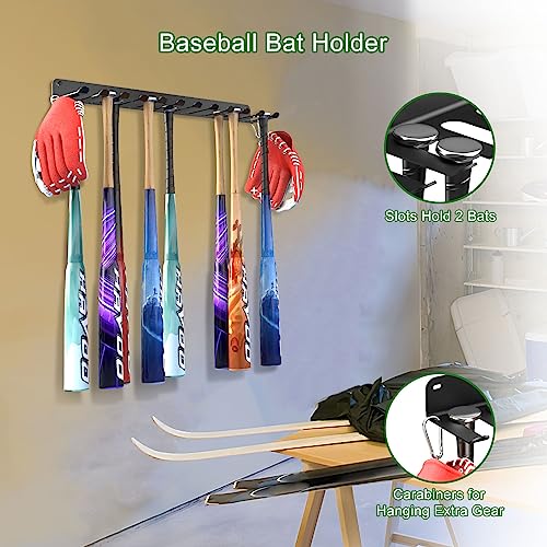 QBA Wall Mount Baseball Bat Holder - Heavy Duty Steel Organizer for 22 Bats, Garage & Dugout Storage (Black, 22 Bats)
