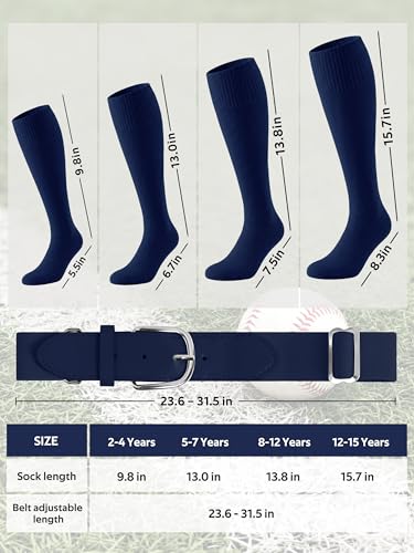 Baseball Socks and Belt Combo for Youth Boys - Navy, 8-12 Years