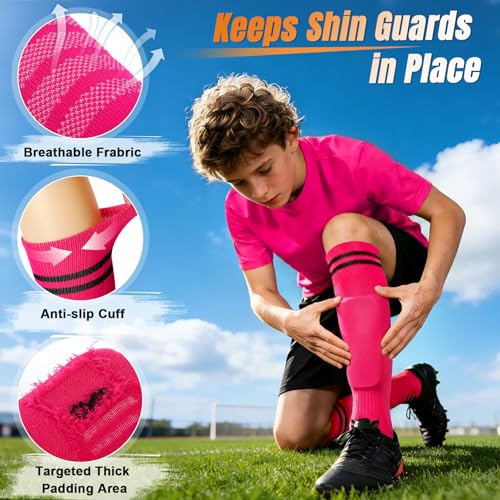 Kids and Adults Soccer Socks 3 Pack Over Calf Athletic Football Sport Socks - Hot Pink Medium