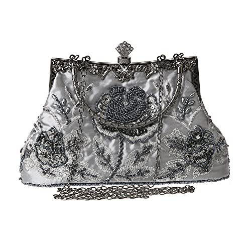 DA BODAN Grey Vintage Floral Beaded Rhinestone Clutch Bag for Bridal & Evening
